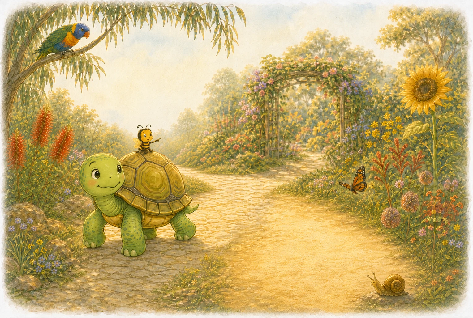 Izzy riding on Myrtle’s shell along a flower-lined garden path