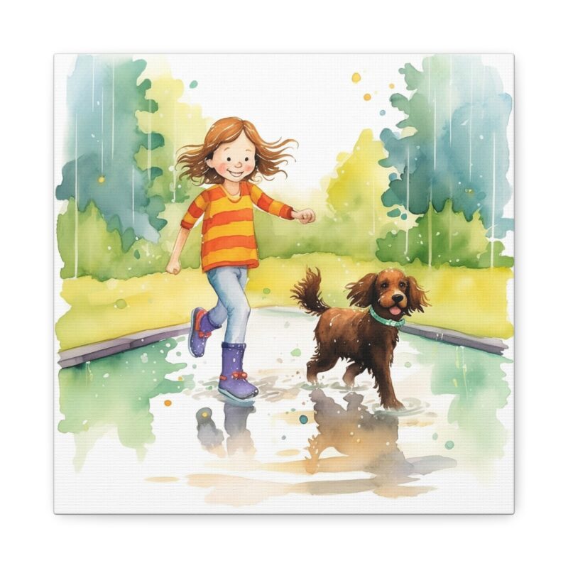 Splashing in the puddles, with a happy joyful look. Canvas Gallery Wrap